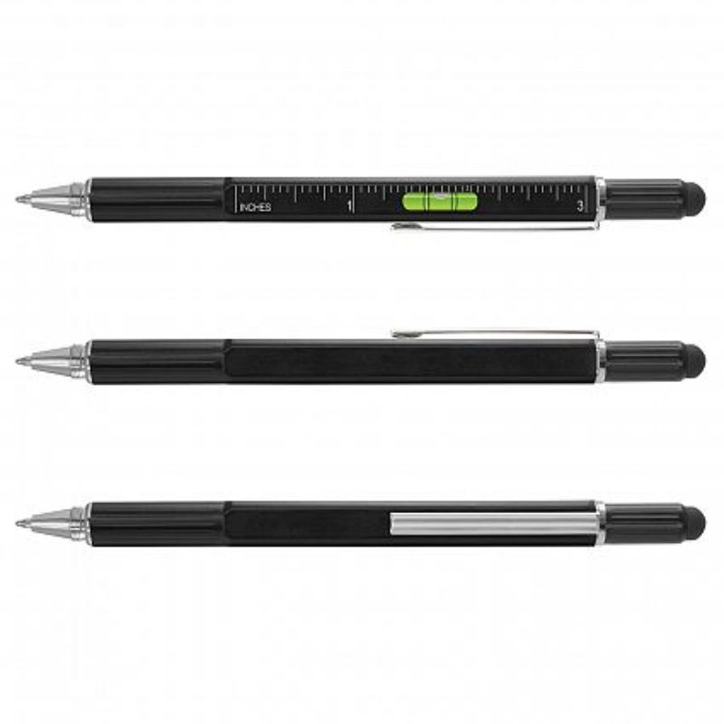 Set of 12 sleek black multi-function pens with stylus, ruler, spirit level, and screwdrivers for versatile use.