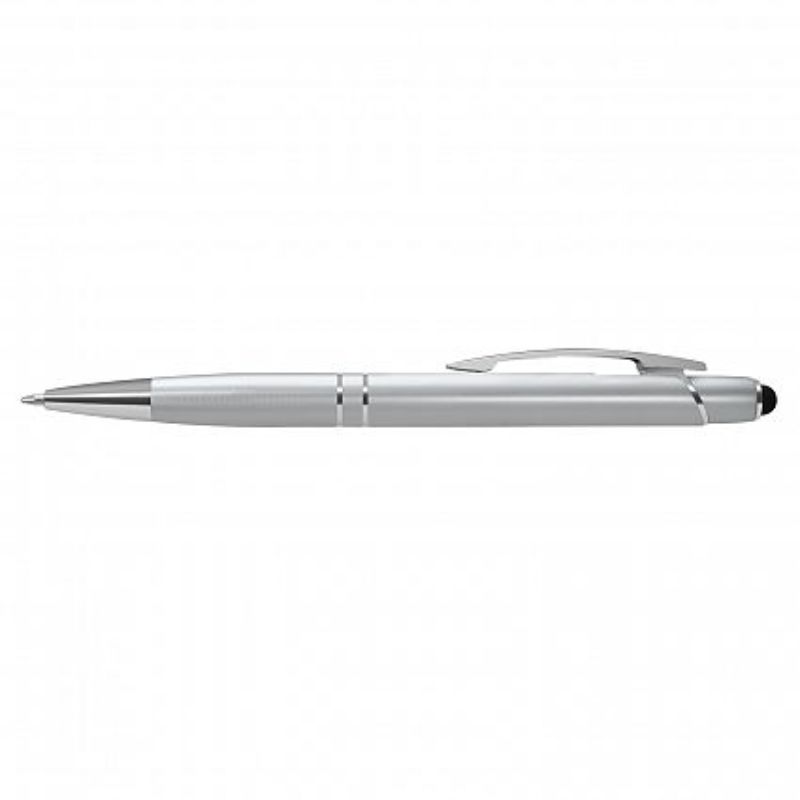 Set of 50 sleek silver matte Dream Stylus Pens with chrome accents and versatile touch screen stylus tips, perfect for branding.