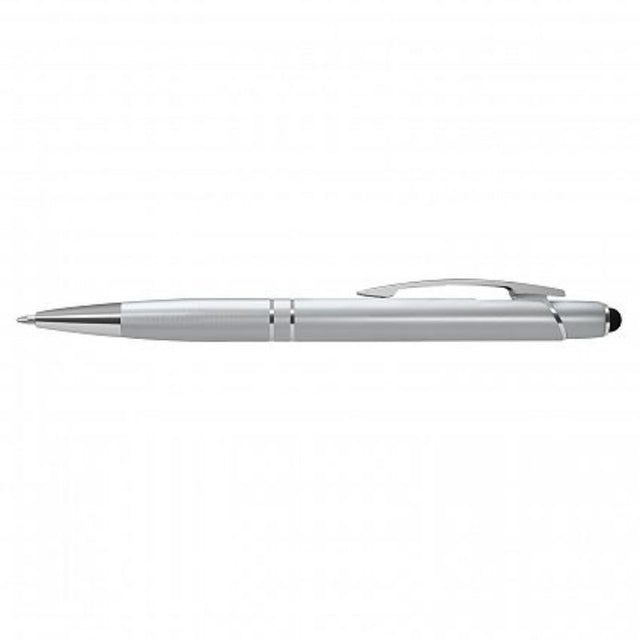 Set of 50 sleek silver matte Dream Stylus Pens with chrome accents and versatile touch screen stylus tips, perfect for branding.