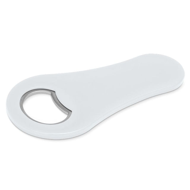 Set of 50 white magnetic bottle openers, designed for easy fridge storage and convenient bottle opening at events.