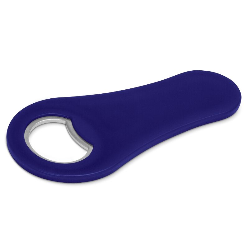 Set of 50 dark blue magnetic bottle openers, ideal for kitchens and bars, with a strong magnet for easy storage.