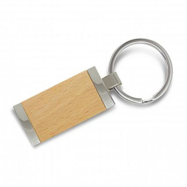 Elegant natural and silver key rings with decorative wood plates in a set of 30, perfect for gifts or promotional events.