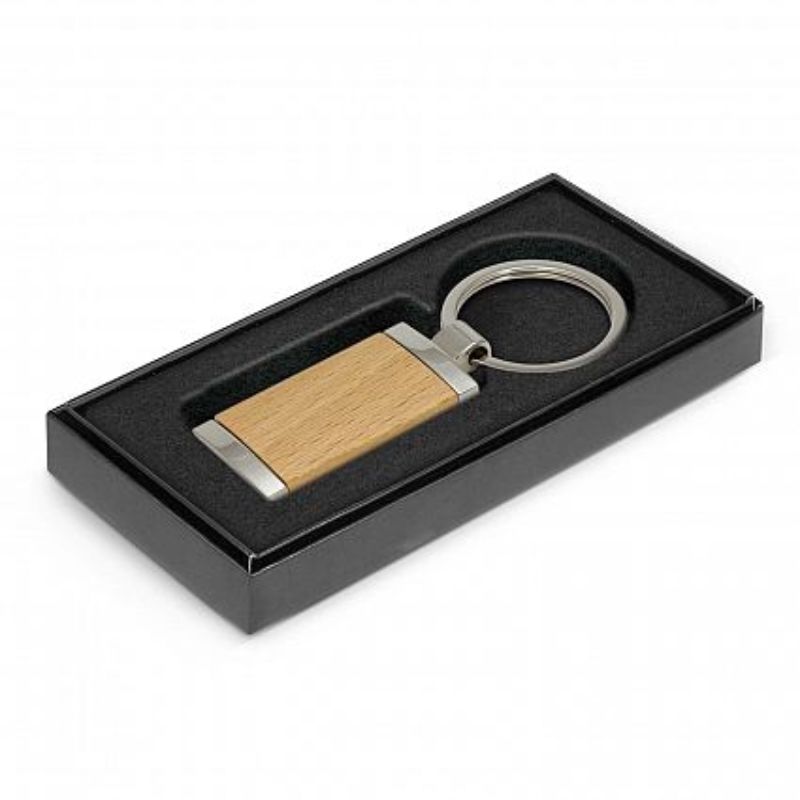Elegant Albion key rings in natural wood and silver, perfect for gifts or promotions, set of 30 in a sleek gift box.