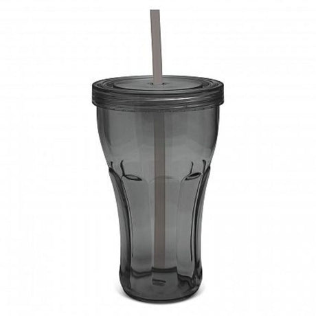 Set of 12 black Carnival Tumblers with screw-on lids and straws, perfect for summer drinks and outdoor gatherings.