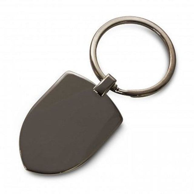 Set of 30 elegant gunmetal key rings in crest shape, beautifully packaged in a black gift box for stylish gifting.