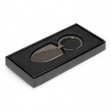 Set of 30 elegant gunmetal key rings, crest-shaped, presented in a stylish black gift box for gifts or promotions.
