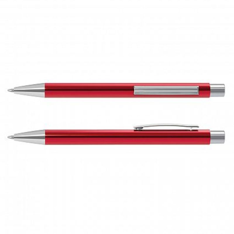 Sleek red Lancer Pens (set of 50) with retractable design, chrome accents, and 1200m black ink refill, ideal for gifting.
