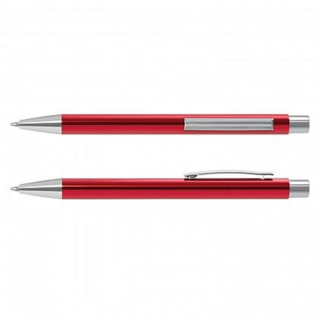 Sleek red Lancer Pens (set of 50) with retractable design, chrome accents, and 1200m black ink refill, ideal for gifting.