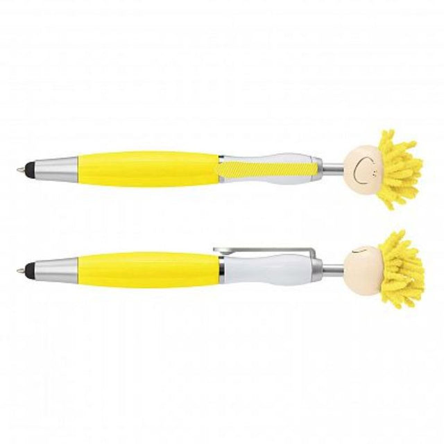 Set of 30 yellow Mop Topper Pens with smiley faces, microfiber hair for screen cleaning, and stylus tips for touch devices.