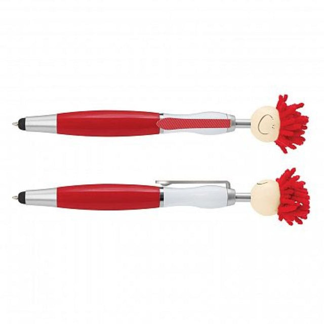 Mop Topper Pen set of 30 in red, featuring a smiley head, microfiber hair for cleaning screens, and stylus tip.