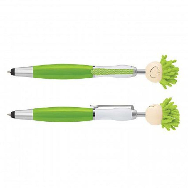 Bright green Mop Topper Pens with smiley face design, microfiber hair for screen cleaning, and stylus feature, set of 30.