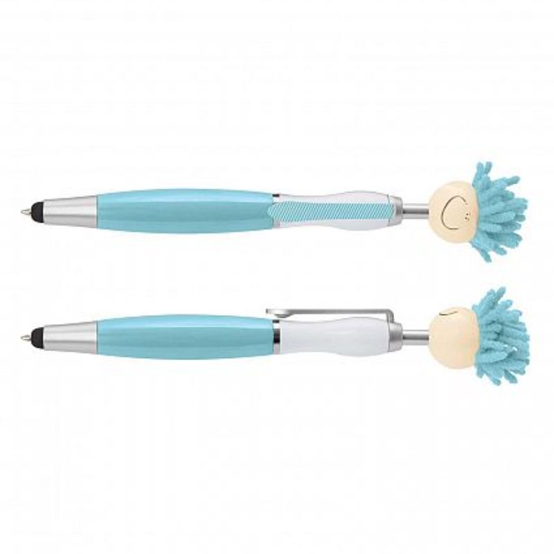 Light blue Mop Topper Pen set of 30 features smiley face tops, microfiber hair for cleaning, and stylus for touch screens.