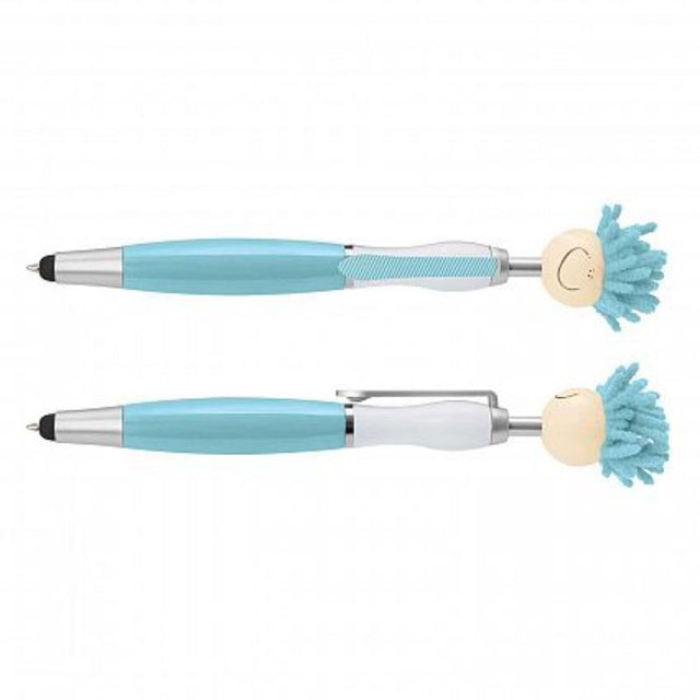 Light blue Mop Topper Pen set of 30 features smiley face tops, microfiber hair for cleaning, and stylus for touch screens.