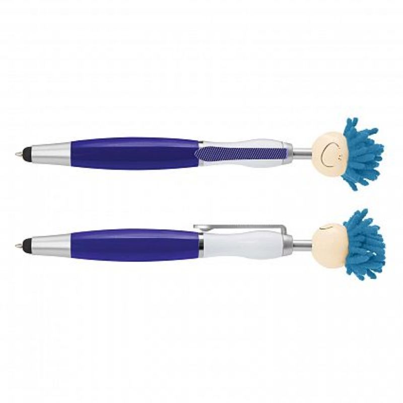 Set of 30 dark blue Mop Topper pens with smiley heads, microfiber hair for screen cleaning, and stylus tips.