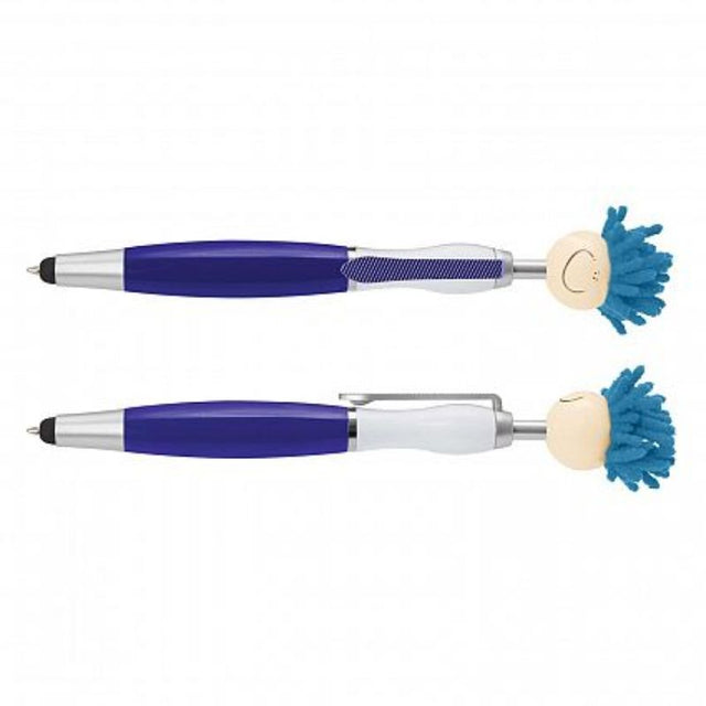 Set of 30 dark blue Mop Topper pens with smiley heads, microfiber hair for screen cleaning, and stylus tips.