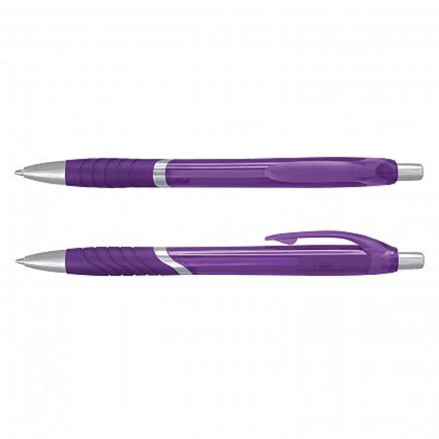 Set of 100 translucent purple retractable ballpoint pens with soft-touch grip and chrome trim, ideal for versatile writing.