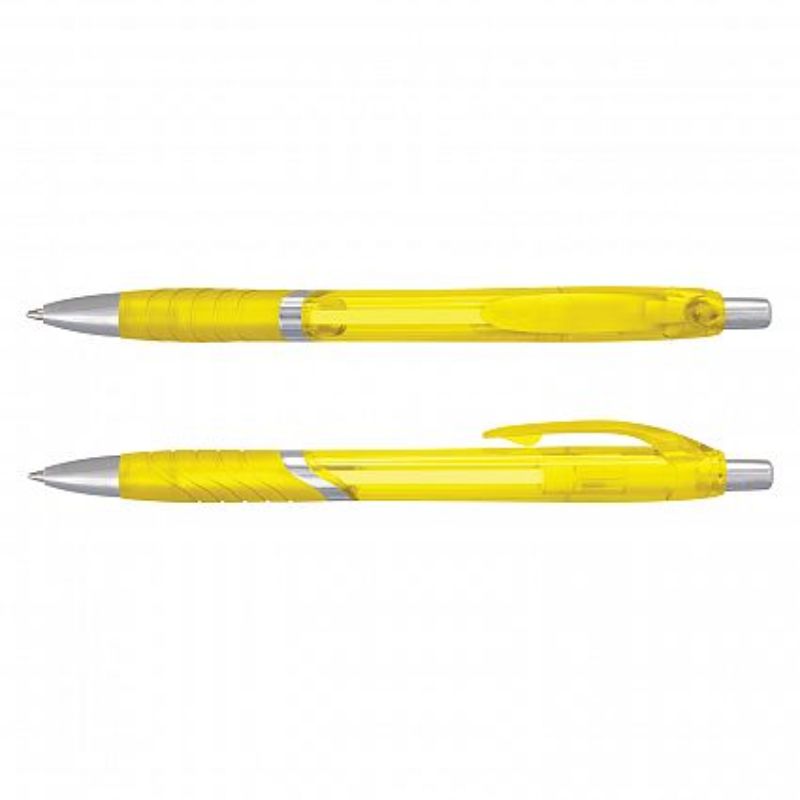 Set of 100 vibrant translucent yellow retractable ballpoint pens with chrome trim and soft-touch grip for smooth writing.