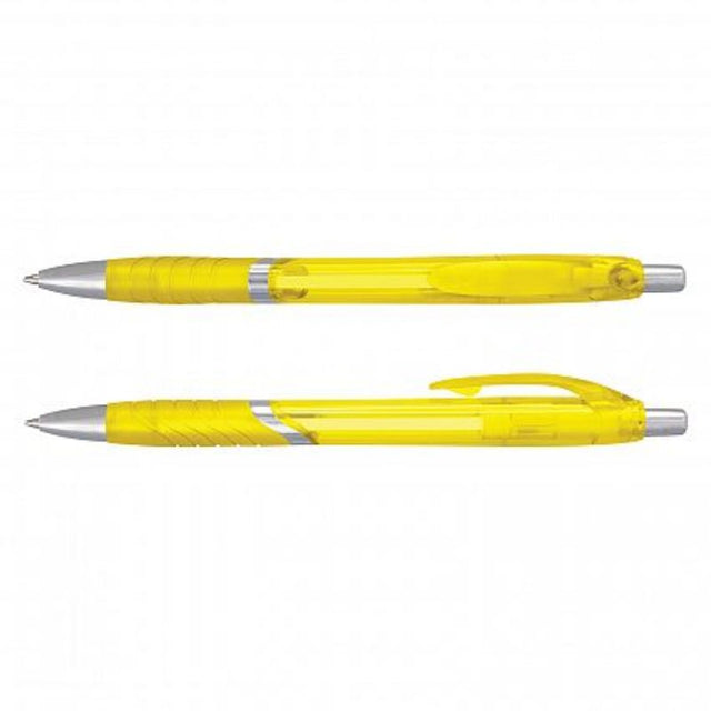 Set of 100 vibrant translucent yellow retractable ballpoint pens with chrome trim and soft-touch grip for smooth writing.