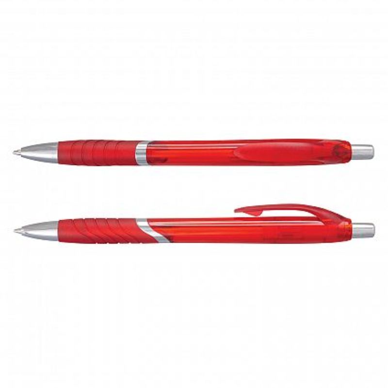 Translucent red ballpoint pens with chrome trim, soft grip, and 1200m ink refill, perfect for everyday writing. Set of 100.