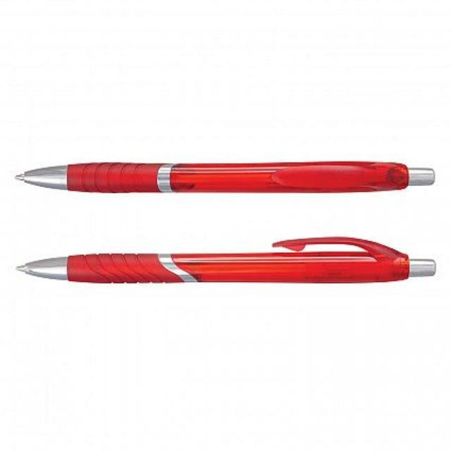 Translucent red ballpoint pens with chrome trim, soft grip, and 1200m ink refill, perfect for everyday writing. Set of 100.
