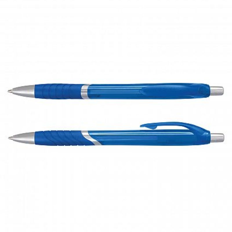 Set of 100 dark blue Jet Pens with translucent barrels, retractable design, chrome trim, and premium ink for smooth writing.