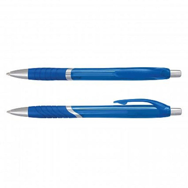 Set of 100 dark blue Jet Pens with translucent barrels, retractable design, chrome trim, and premium ink for smooth writing.
