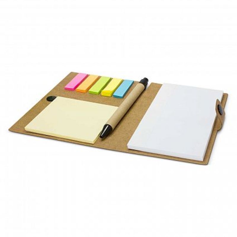 Eco-friendly Beta Note Wallet in natural cardboard, featuring pads for notes and flags, plus a recycled Eco Pen. Set of 30.
