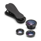 3 in 1 Lens Kit in black featuring fisheye, wide-angle, and macro lenses for smartphones with a compact carry case.