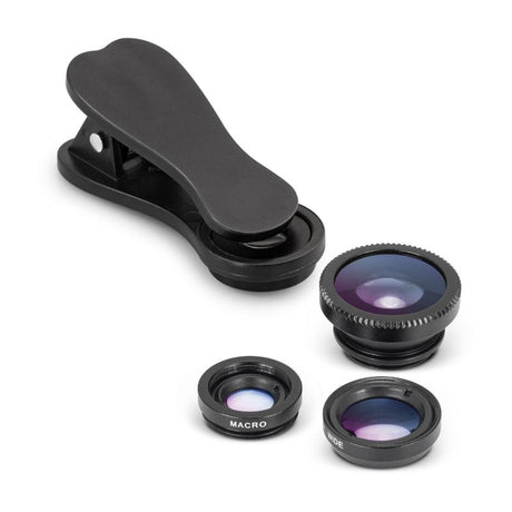 3 in 1 Lens Kit in black featuring fisheye, wide-angle, and macro lenses for smartphones with a compact carry case.