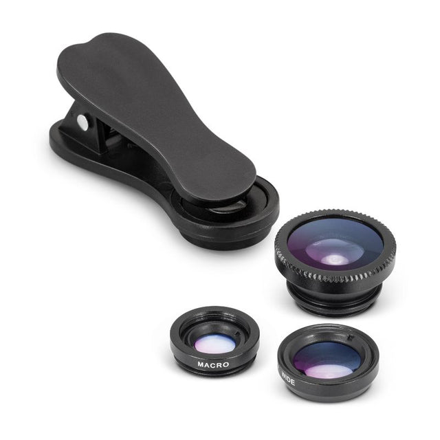 3 in 1 Lens Kit in black featuring fisheye, wide-angle, and macro lenses for smartphones with a compact carry case.