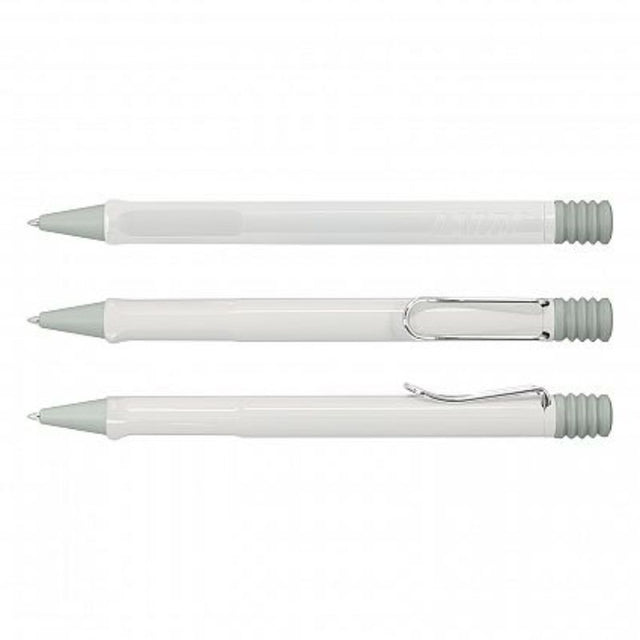 Lamy Safari Pen in elegant white, featuring a sleek design, metal clip, and high-quality refill for smooth writing.