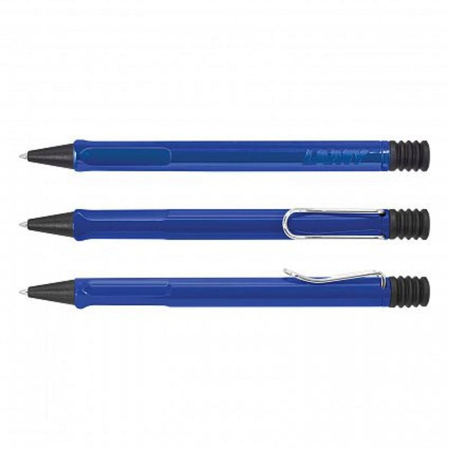 Lamy Safari Pen in blue, a sleek ball pen with a durable design, metal clip, and black refill offering 8000 meters of smooth writing.