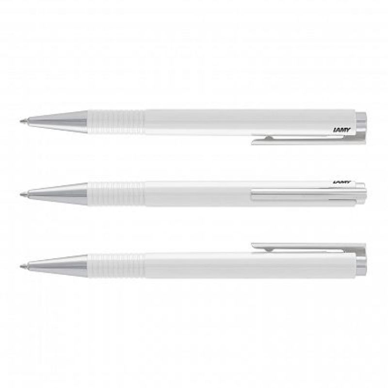 Set of 6 elegant white Lamy Logo pens with chrome accents, featuring a retractable design and smooth writing M16 refill.