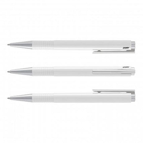 Set of 6 elegant white Lamy Logo pens with chrome accents, featuring a retractable design and smooth writing M16 refill.