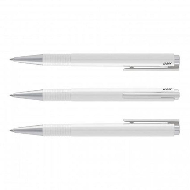 Set of 6 elegant white Lamy Logo pens with chrome accents, featuring a retractable design and smooth writing M16 refill.