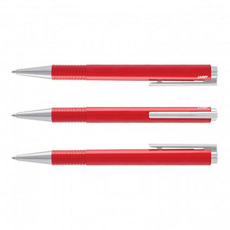 Set of 6 sleek red Lamy Logo retractable ball pens with chrome accents, high-quality refill, and elegant gift box.