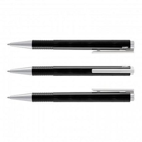 Set of 6 Lamy Logo Pens in black, featuring polished ABS, chrome accents, and superior LAMY M16 refill for smooth writing.