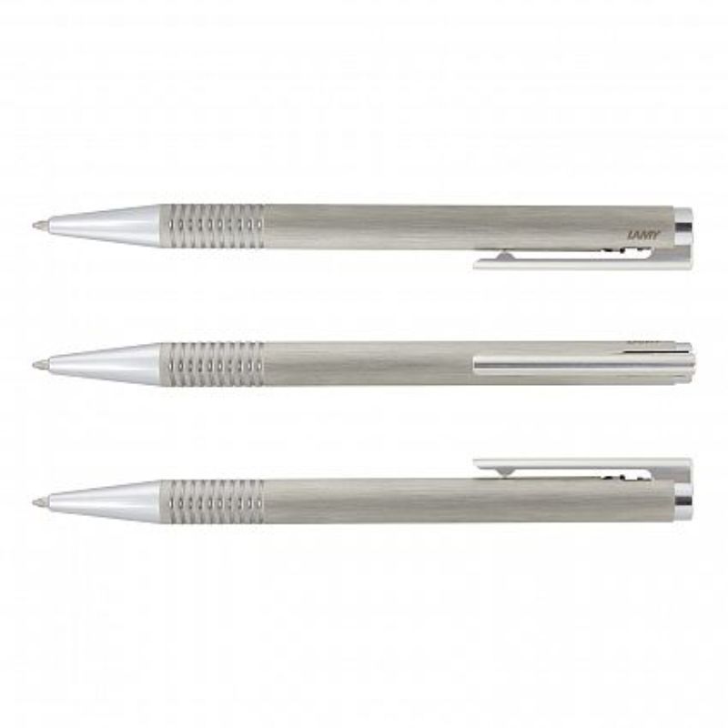 Lamy Logo Pen in brushed steel with chrome accents, featuring a retractable design and smooth black ink for elegant writing.