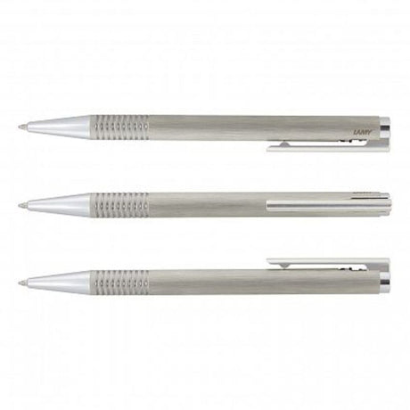 Lamy Logo Pen in brushed steel with chrome accents, featuring a retractable design and smooth black ink for elegant writing.