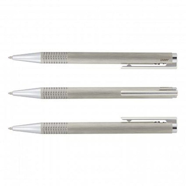 Lamy Logo Pen in brushed steel with chrome accents, featuring a retractable design and smooth black ink for elegant writing.