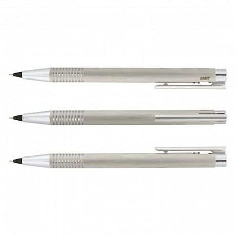 Lamy Logo Mechanical Pencil in Brushed Steel, elegant design with chrome accents, 0.5mm lead, perfect for professionals and students.