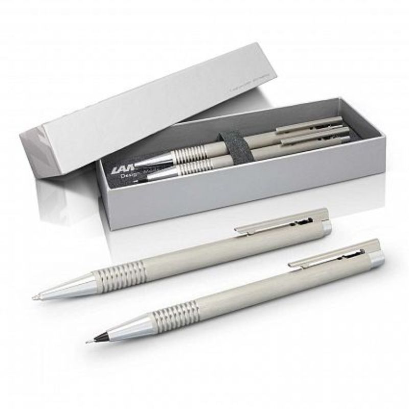 Lamy Logo Pen and Pencil Set in brushed silver, featuring a retractable ball pen and mechanical pencil for stylish writing.