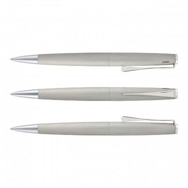 Lamy Studio Pen in brushed silver with elegant design, twist action, and propeller clip, offering 8000m smooth writing.