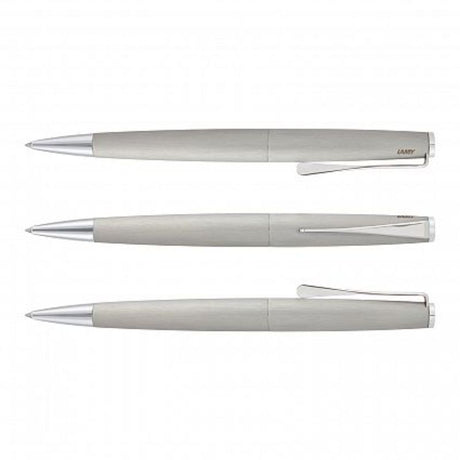 Lamy Studio Pen in brushed silver with elegant design, twist action, and propeller clip, offering 8000m smooth writing.