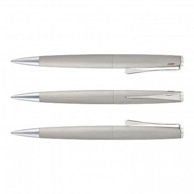 Lamy Studio Pen in brushed silver with elegant design, twist action, and propeller clip, offering 8000m smooth writing.