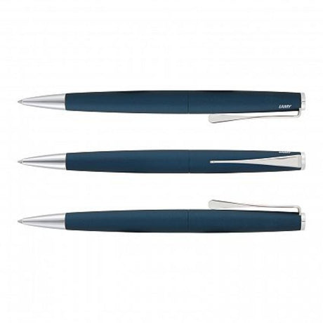 Elegant blue Lamy Studio pen with twist action, propeller clip, chrome accents, and a high-quality black refill.