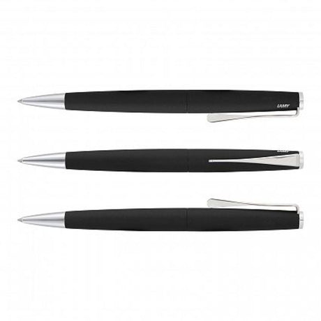 Elegant black Lamy Studio Pen featuring a brushed stainless steel barrel, chrome accents, and propeller-inspired clip.