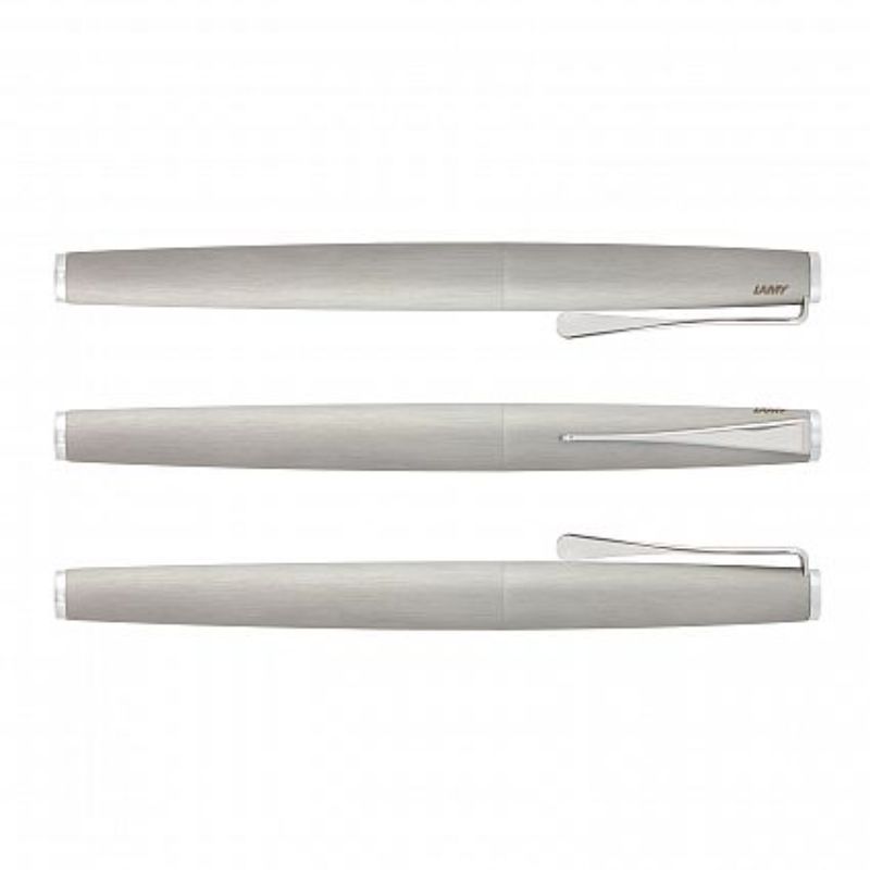 Elegant Lamy Studio Rolling Ball Pen in brushed silver with propeller clip, chrome accents, and smooth black ink refill.