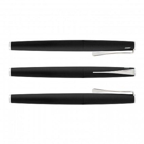 Lamy Studio Rolling Ball Pen in Black with chrome accents, ergonomic design, and 750m smooth ink, presented in a gift box.