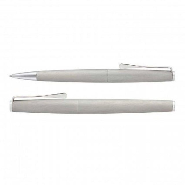 Lamy Studio Pen Set in brushed silver, featuring a twist ballpoint and rolling ball pen with chrome accents, elegantly boxed.